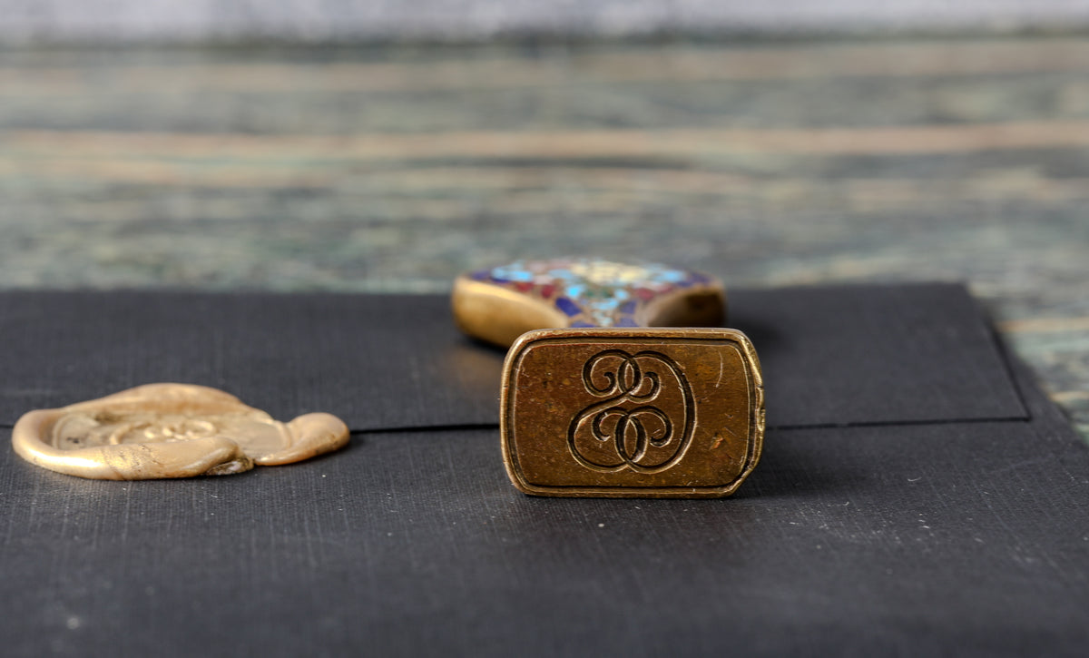 Antique French Champlevé Enamel and Gilt Bronze Desk Seal | Floral Handle, Engraved Script Monogram