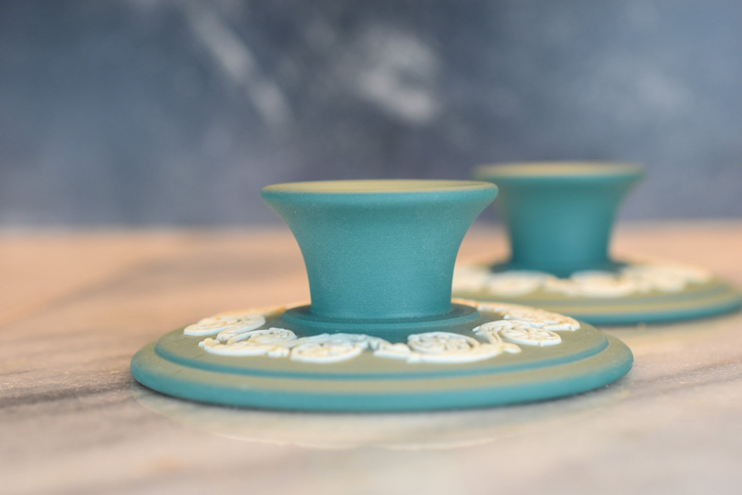 Pair of Wedgwood Jasperware Teal Candlestick Holders – White Relief Decoration