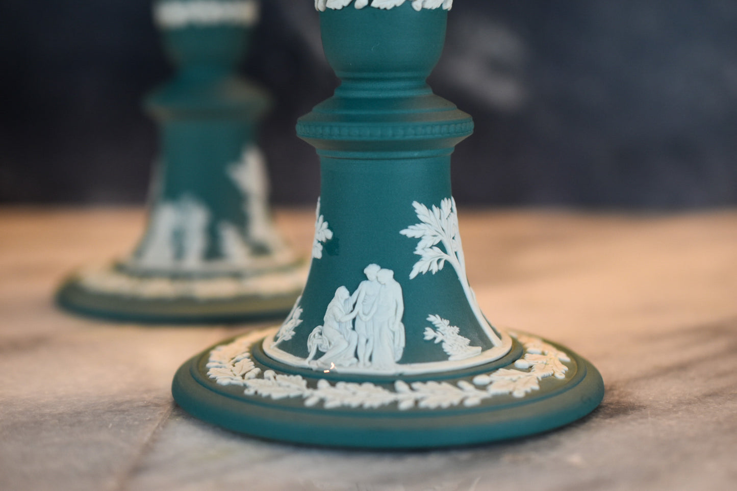 Pair of Wedgwood Jasperware Teal Candlestick Holders – Classical Relief Design