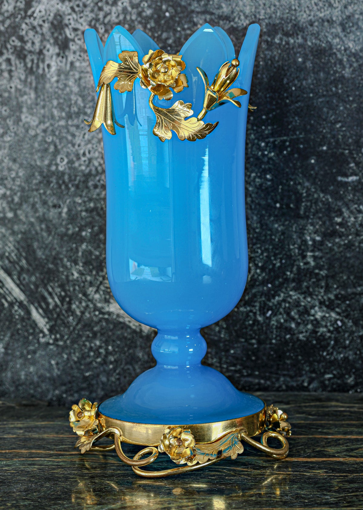 Antique French Napoleon III Blue Opaline Tulip Vase with Gilt Bronze Flowers and Foliate Base, c. 1860–1880