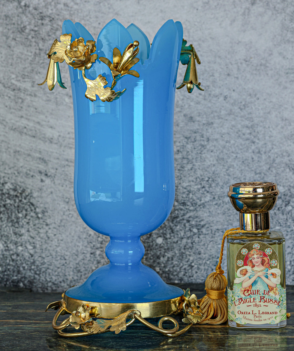 Antique French Napoleon III Blue Opaline Tulip Vase with Gilt Bronze Flowers and Foliate Base, c. 1860–1880