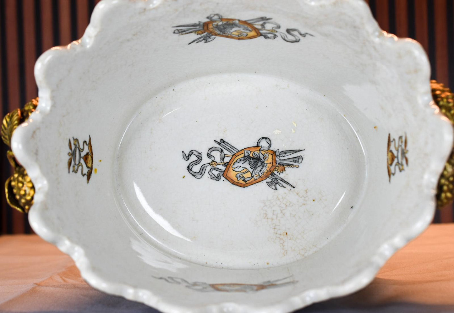 United Wilson Porcelain Jardinière – Black & Yellow Heraldic Cachepot with Gilt Handles