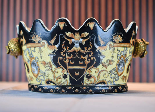 United Wilson Porcelain Jardinière – Black & Yellow Heraldic Cachepot with Gilt Handles