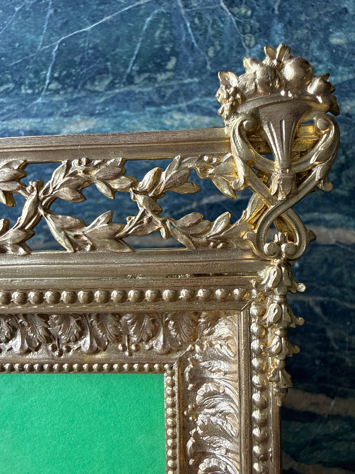 Antique French Gilt Bronze Photo Frame with Pierced Gallery Cresting, Louis XVI Style, c. 1860–1890