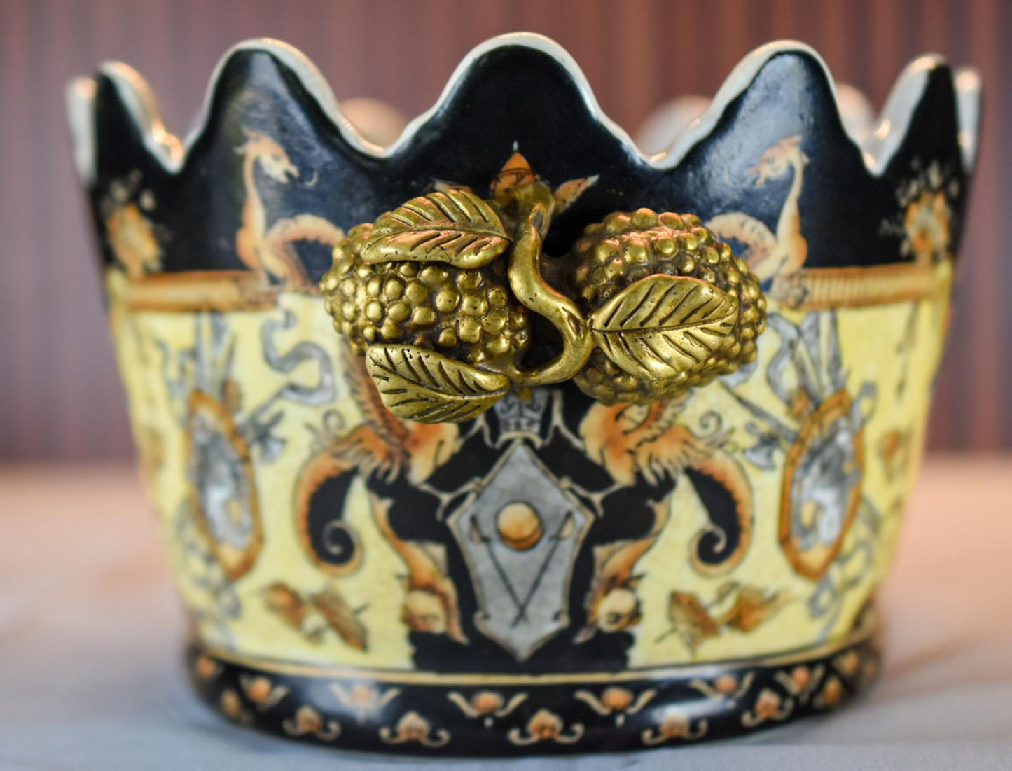United Wilson Porcelain Jardinière – Black & Yellow Heraldic Cachepot with Gilt Handles