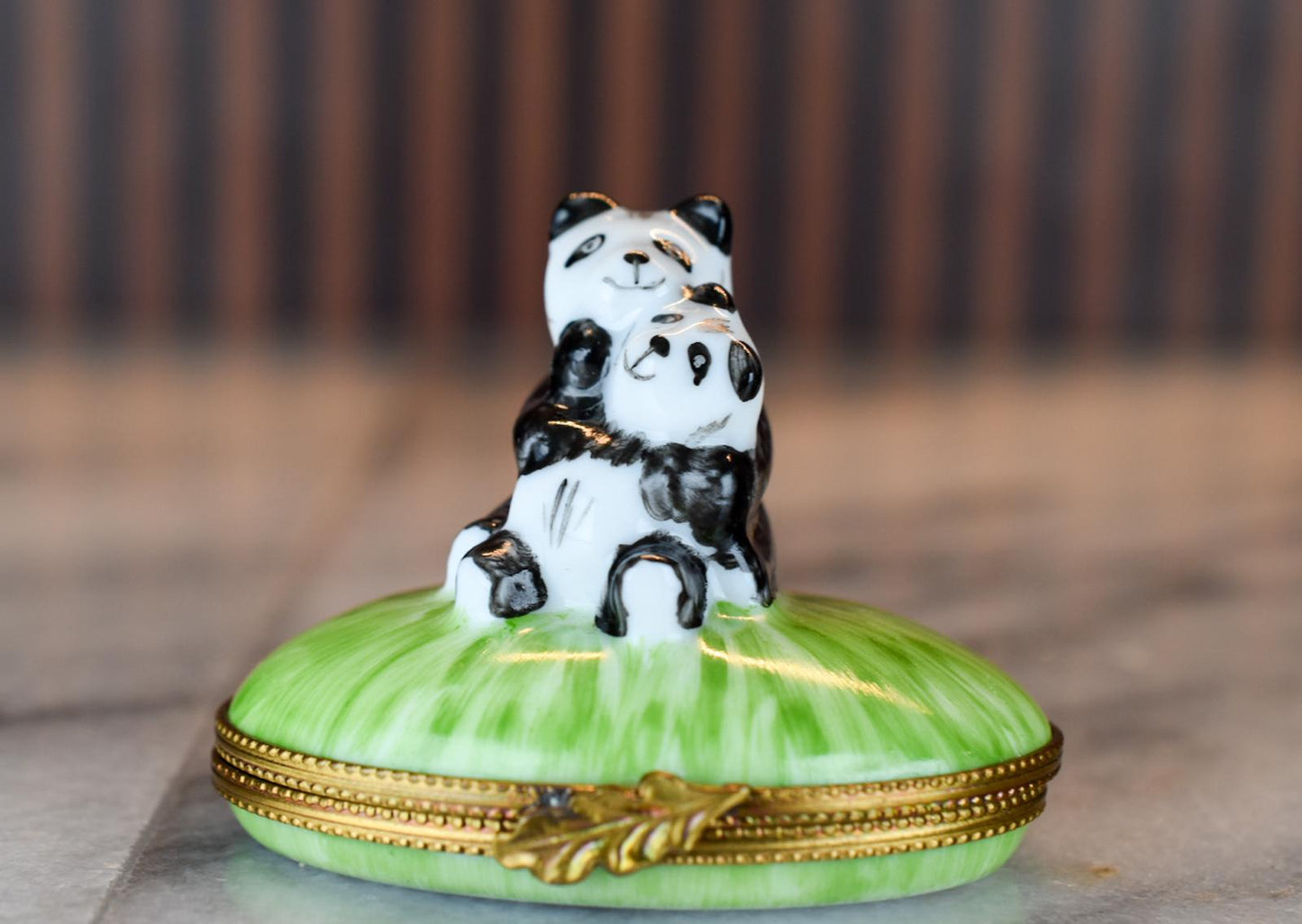 Hand-Painted Limoges France Trinket Box – Panda Bear Mother and Cub on Grass