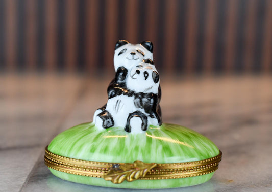 Hand-Painted Limoges France Trinket Box – Panda Bear Mother and Cub on Grass