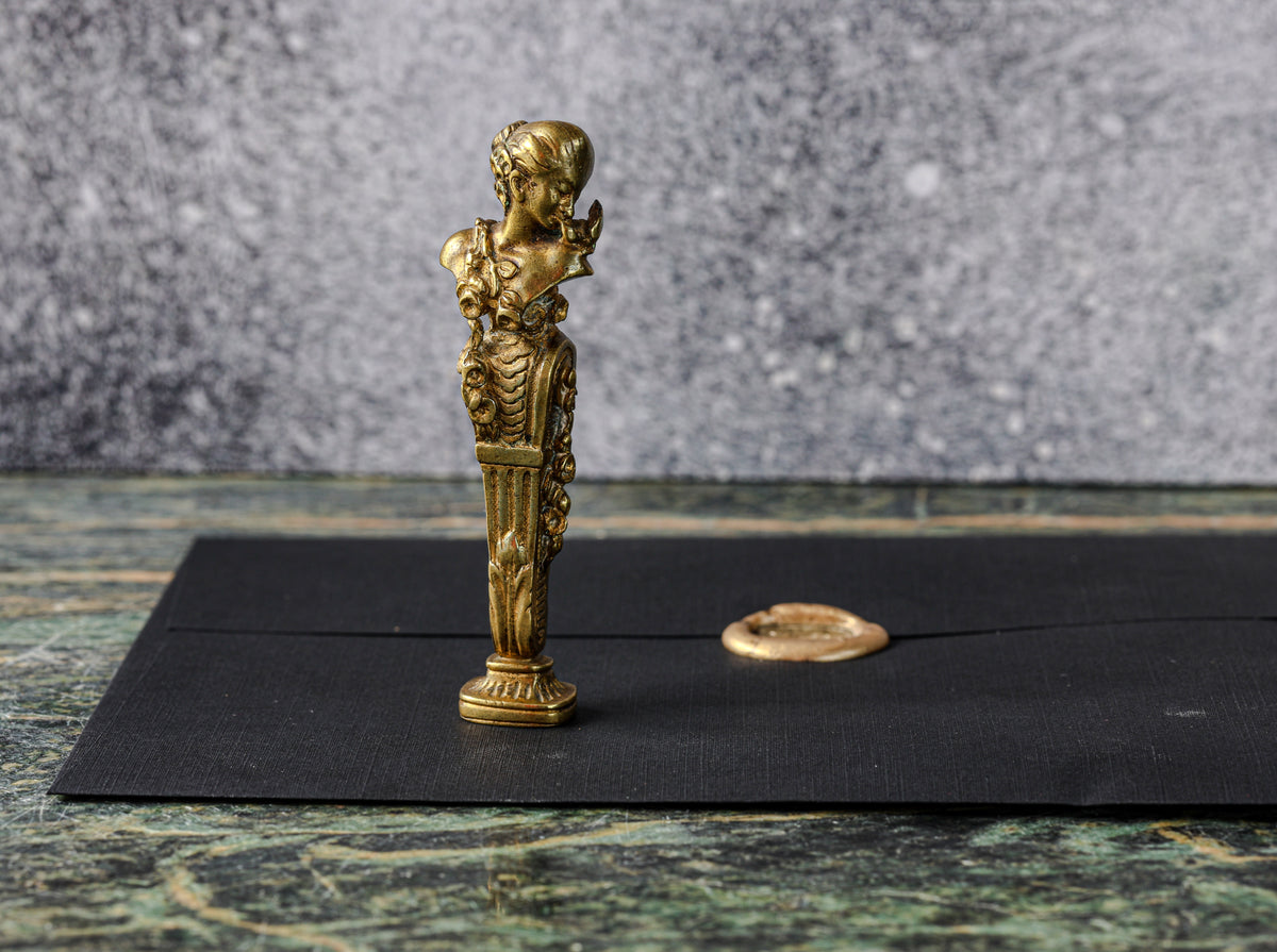 Antique Gilt Bronze Figural Desk Seal | Belle Époque Female Bust, Rococo Scroll Handle, Engraved Initials