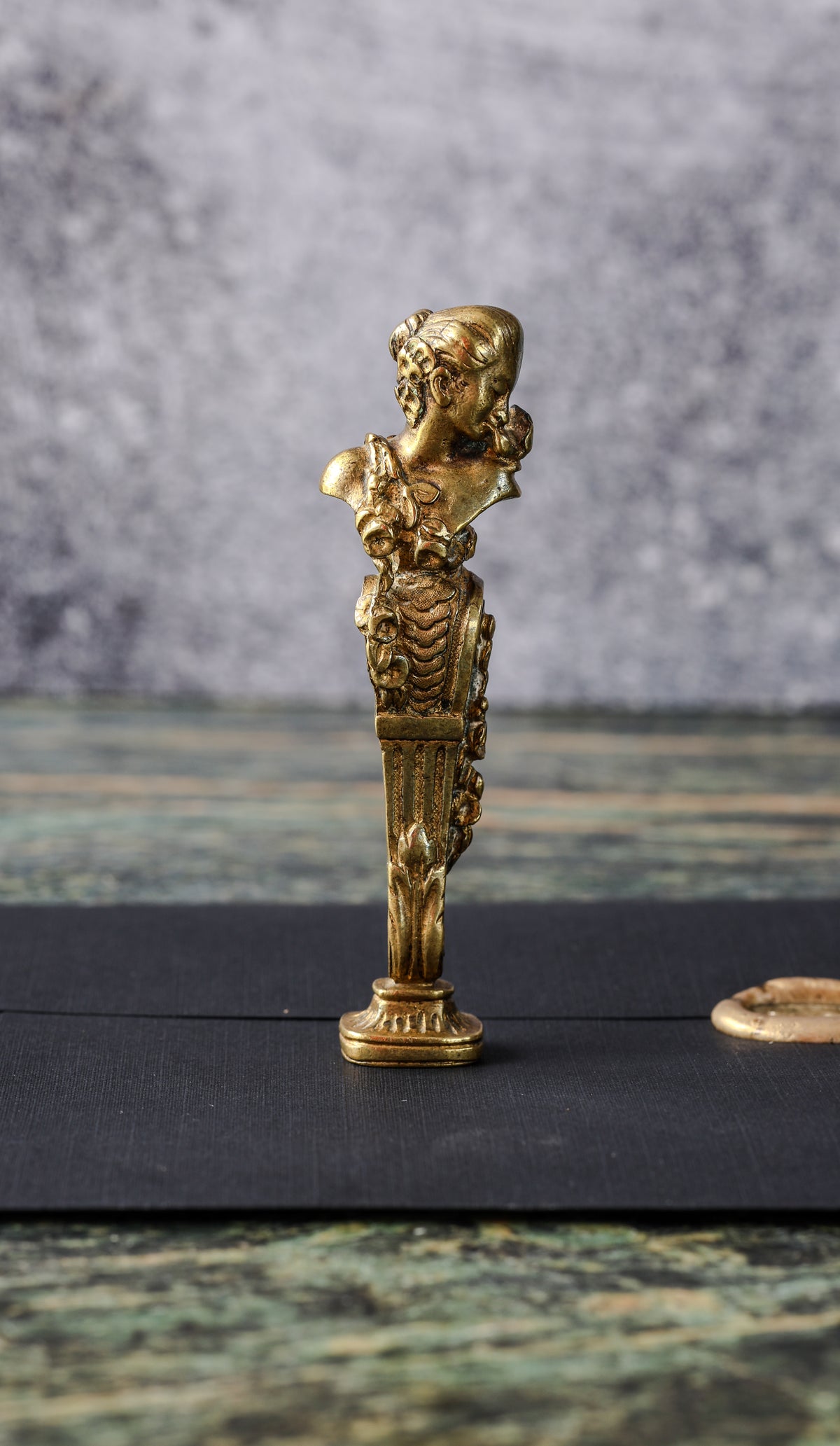 Antique Gilt Bronze Figural Desk Seal | Belle Époque Female Bust, Rococo Scroll Handle, Engraved Initials