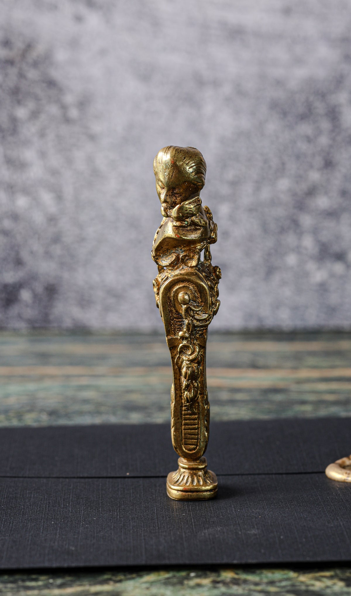Antique Gilt Bronze Figural Desk Seal | Belle Époque Female Bust, Rococo Scroll Handle, Engraved Initials
