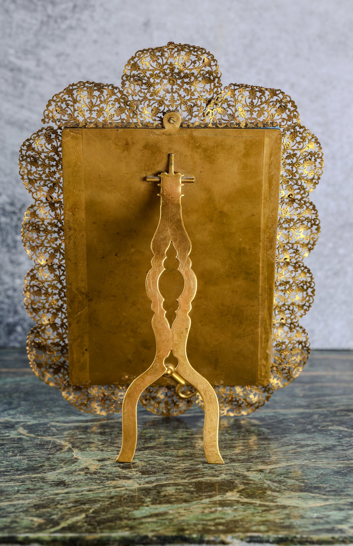 Antique Gilt Filigree Jeweled Photo Frame | Scalloped Border, Paste Stones, Easel Back