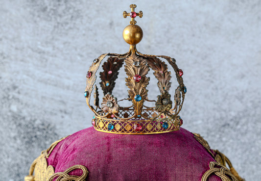 Antique French Bronze Marian Crown | 19th Century | Paste Stones, Orb and Cross Finial