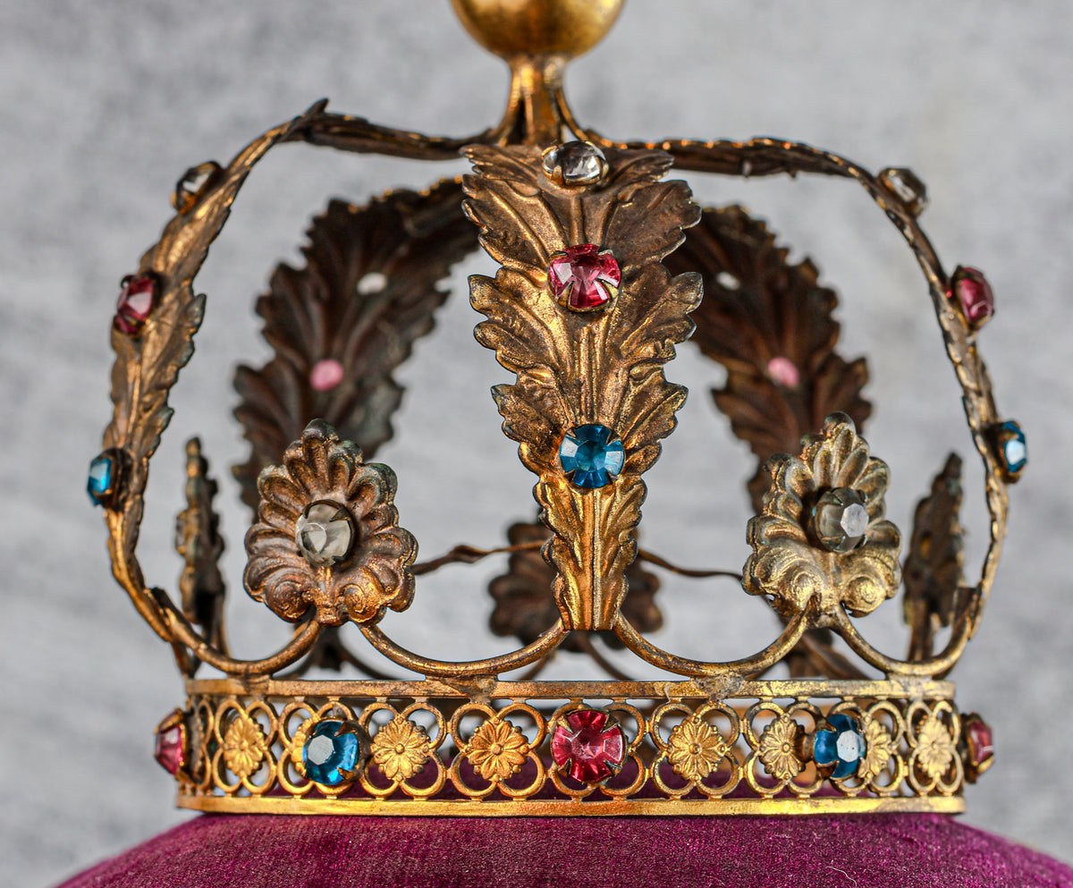 Antique French Bronze Marian Crown | 19th Century | Paste Stones, Orb and Cross Finial