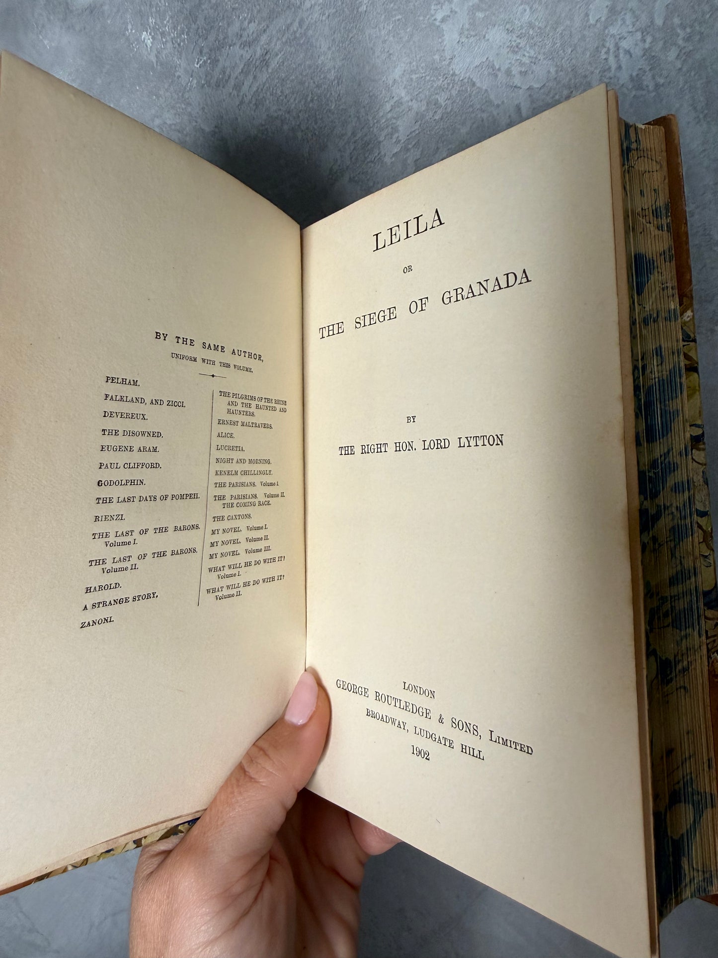 1902 “Leila or The Siege of Granada” by Lord Lytton | Antique Half Leather & Marbled Binding
