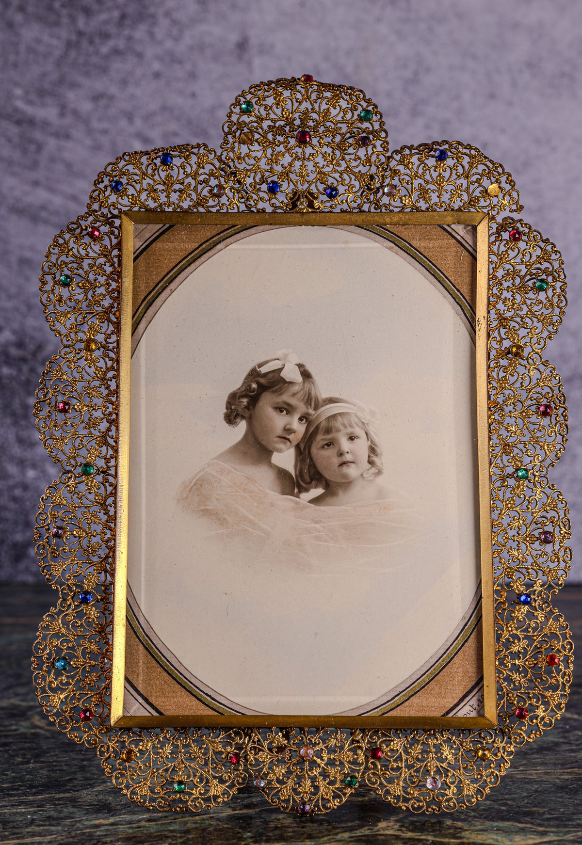 Antique Gilt Filigree Jeweled Photo Frame | Scalloped Border, Paste Stones, Easel Back