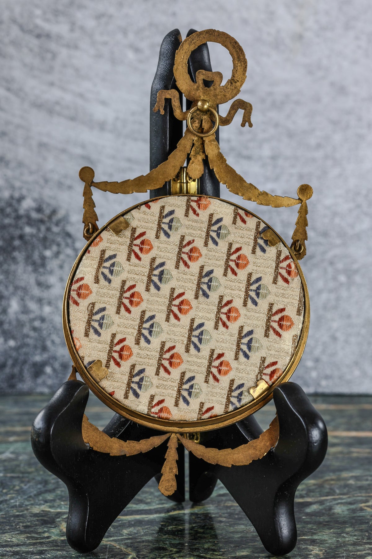 Antique Louis XVI Style Round Gilt Bronze Frame | Laurel Wreath and Ribbon Crest, Garland Swags, Wood Mount