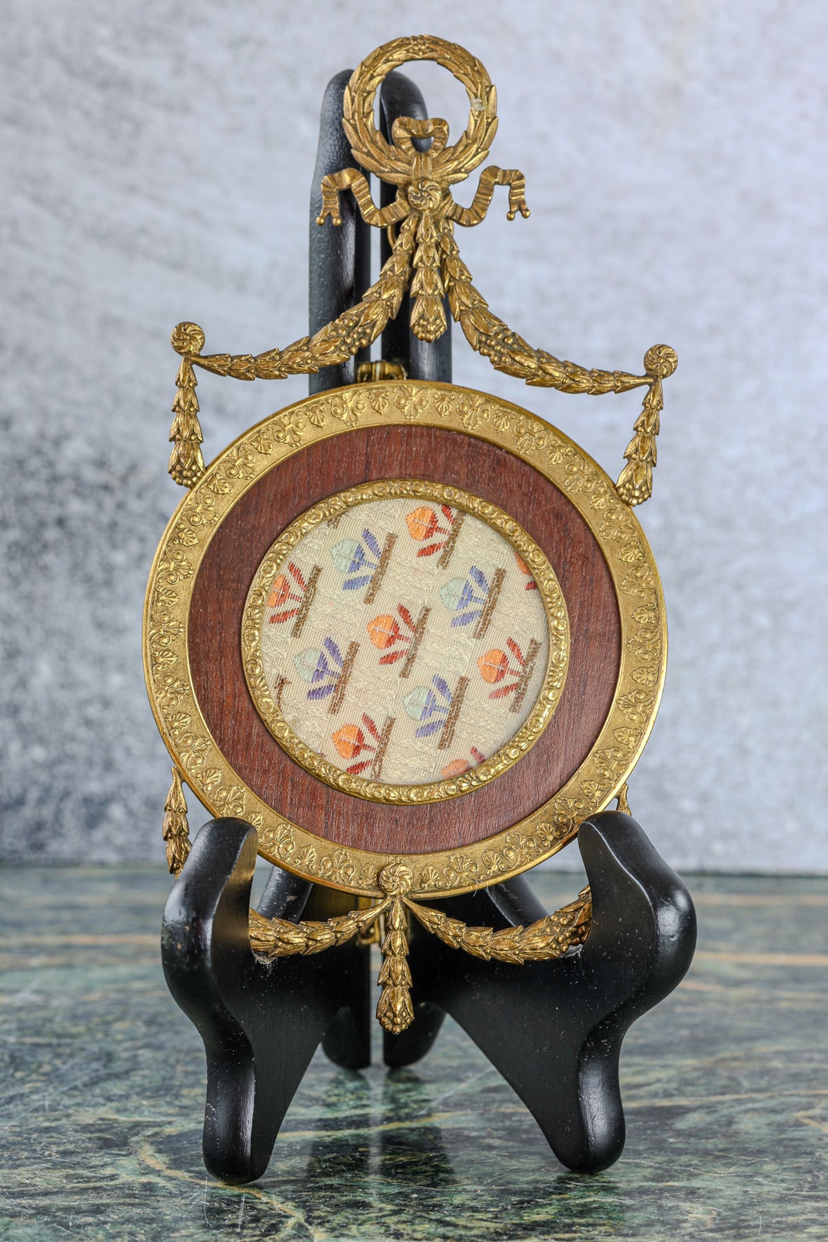 Antique Louis XVI Style Round Gilt Bronze Frame | Laurel Wreath and Ribbon Crest, Garland Swags, Wood Mount