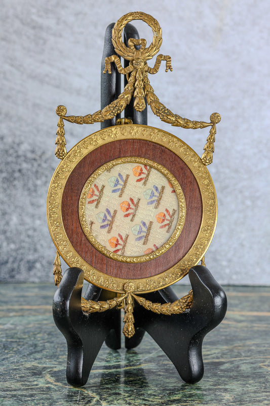 Antique Louis XVI Style Round Gilt Bronze Frame | Laurel Wreath and Ribbon Crest, Garland Swags, Wood Mount