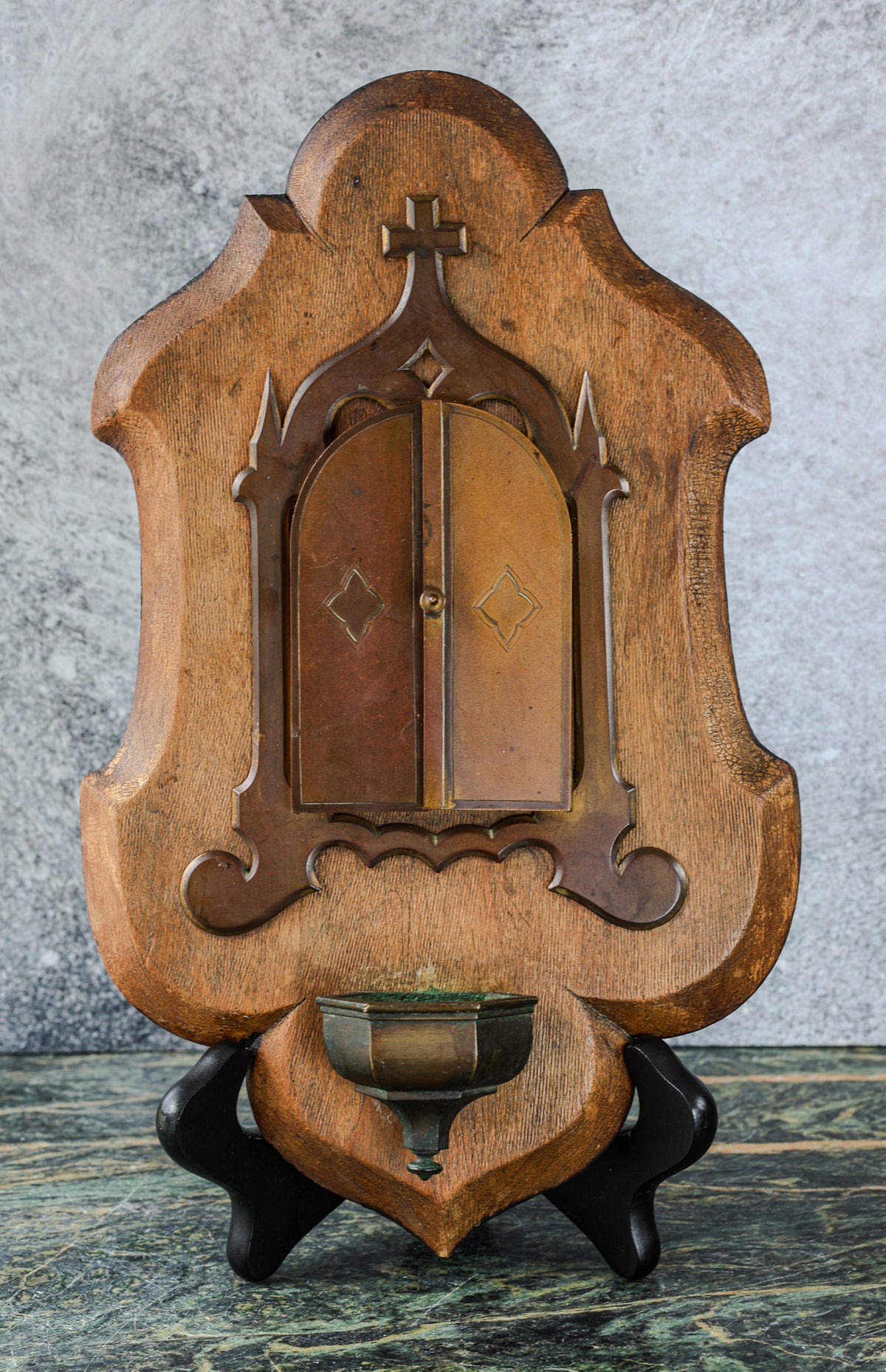 Antique Gothic Revival Holy Water Font (Bénitier) | Carved Wood, Brass Triptych Doors, Madonna della Seggiola Plaque
