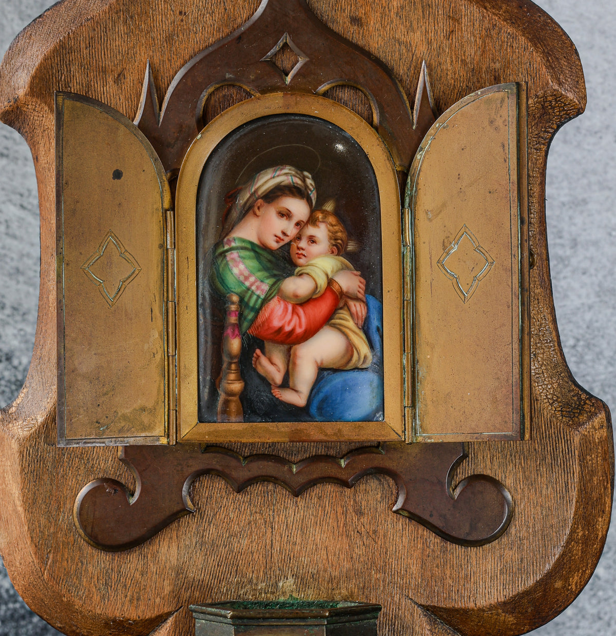 Antique Gothic Revival Holy Water Font (Bénitier) | Carved Wood, Brass Triptych Doors, Madonna della Seggiola Plaque