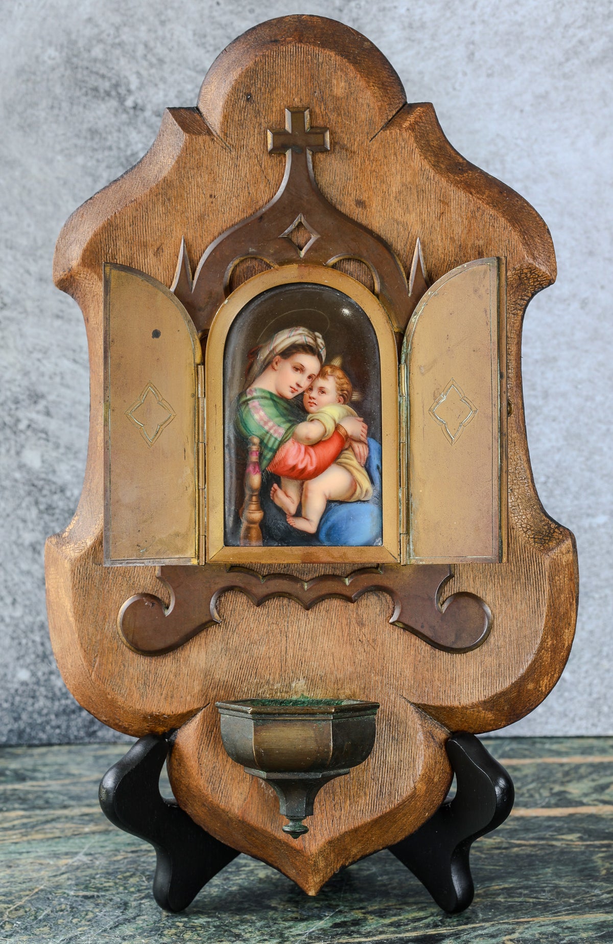 Antique Gothic Revival Holy Water Font (Bénitier) | Carved Wood, Brass Triptych Doors, Madonna della Seggiola Plaque