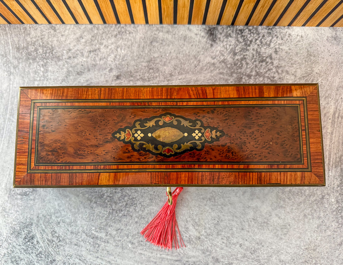 Antique French Thuya Burl Glove Box with Tufted Red Silk Interior, Napoleon III, c. 1860–1890