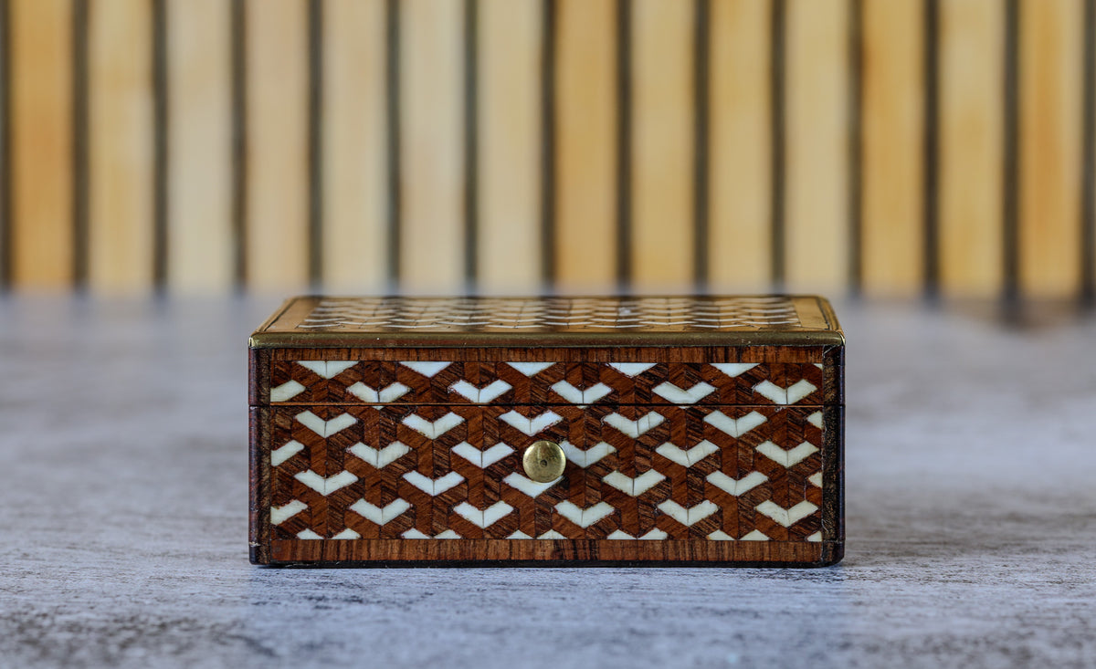 Antique French Kingwood and Bone Parquetry Box with Chevron Inlay and Brass Binding, c. 1870–1900
