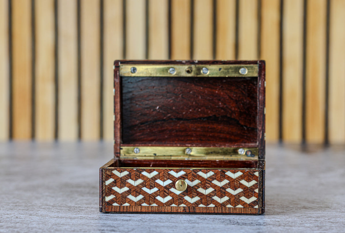 Antique French Kingwood and Bone Parquetry Box with Chevron Inlay and Brass Binding, c. 1870–1900