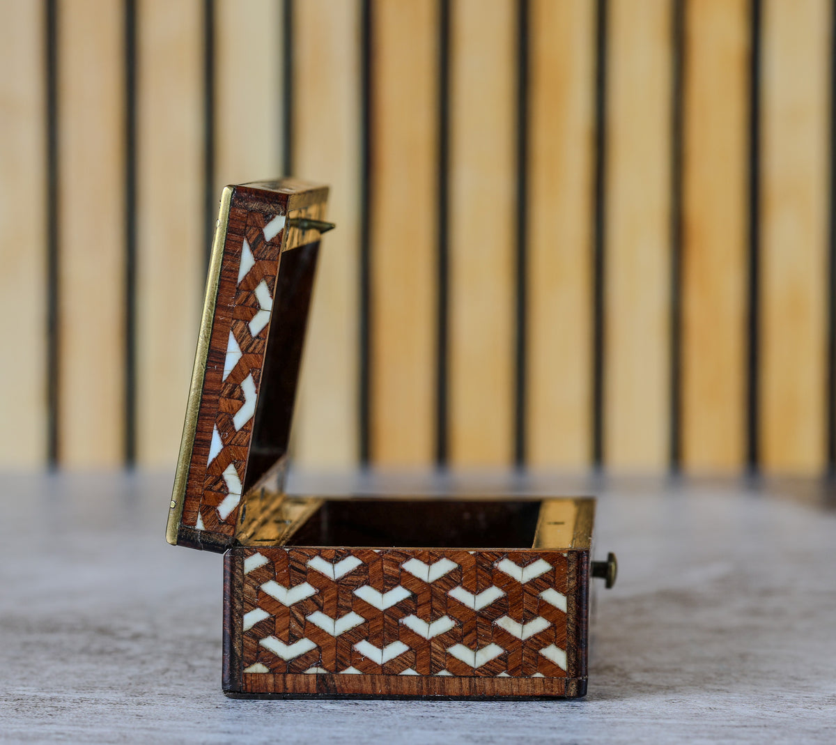 Antique French Kingwood and Bone Parquetry Box with Chevron Inlay and Brass Binding, c. 1870–1900