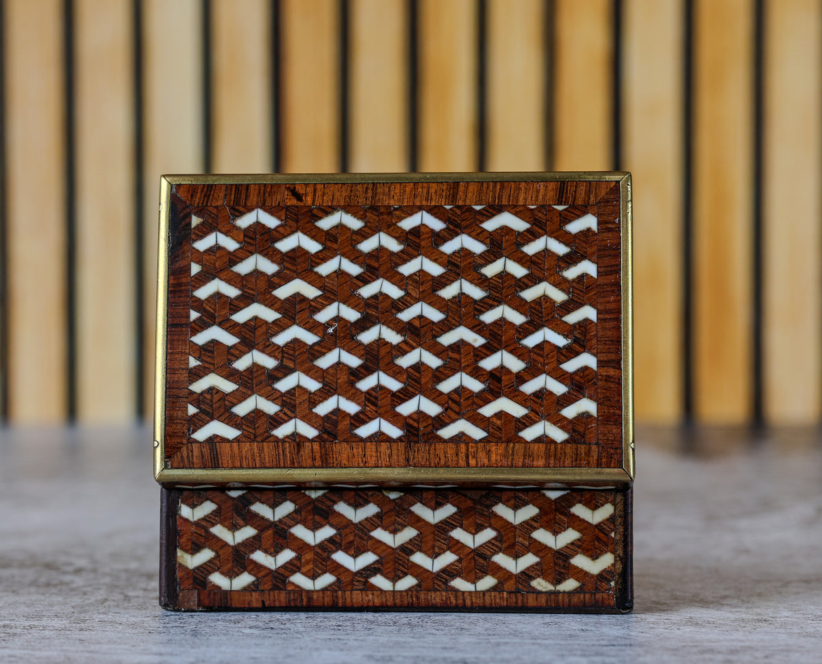 Antique French Kingwood and Bone Parquetry Box with Chevron Inlay and Brass Binding, c. 1870–1900
