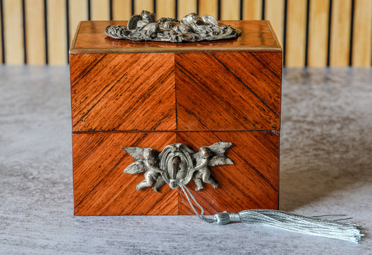 Antique French Kingwood Parquetry Perfume Casket with Silvered Putti Mounts and Two Cut Crystal Scent Bottles, Napoleon III, c. 1860–1880