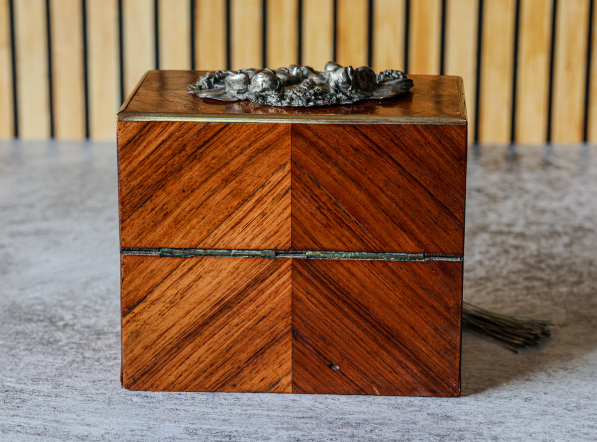 Antique French Kingwood Parquetry Perfume Casket with Silvered Putti Mounts and Two Cut Crystal Scent Bottles, Napoleon III, c. 1860–1880
