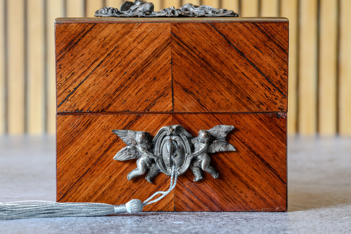 Antique French Kingwood Parquetry Perfume Casket with Silvered Putti Mounts and Two Cut Crystal Scent Bottles, Napoleon III, c. 1860–1880