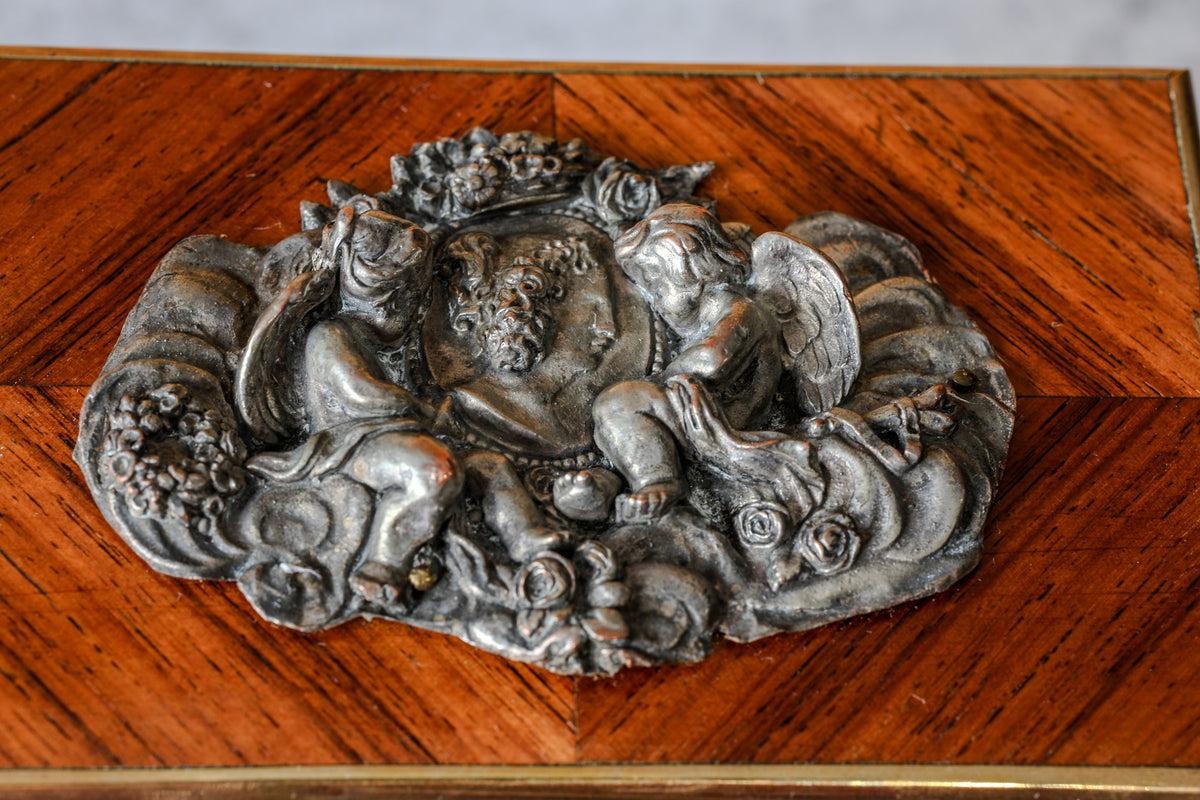 Antique French Kingwood Parquetry Perfume Casket with Silvered Putti Mounts and Two Cut Crystal Scent Bottles, Napoleon III, c. 1860–1880