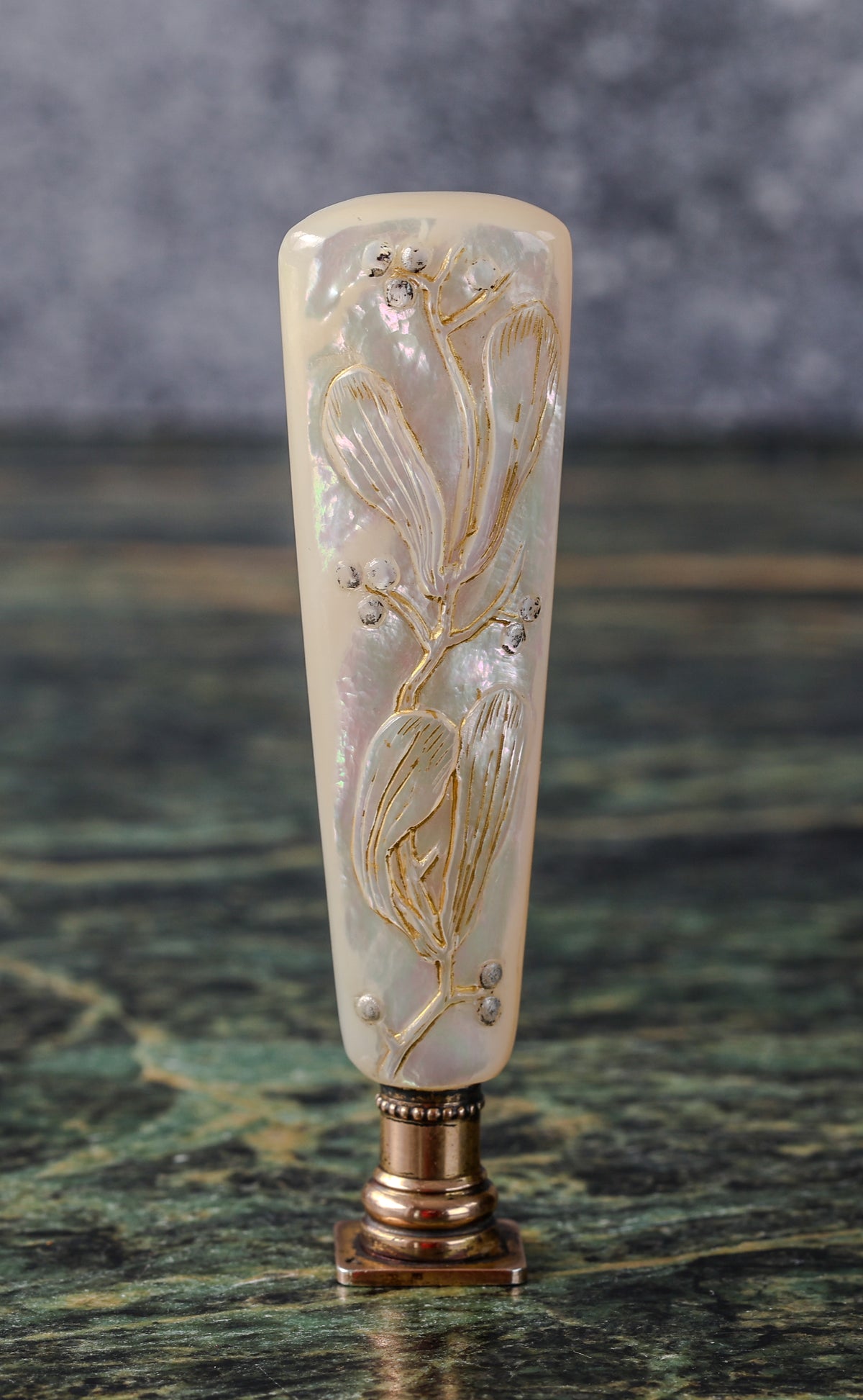 Antique Mother-of-Pearl Wax Seal with Hand-Carved Botanical Decoration | Circa Late 19th Century