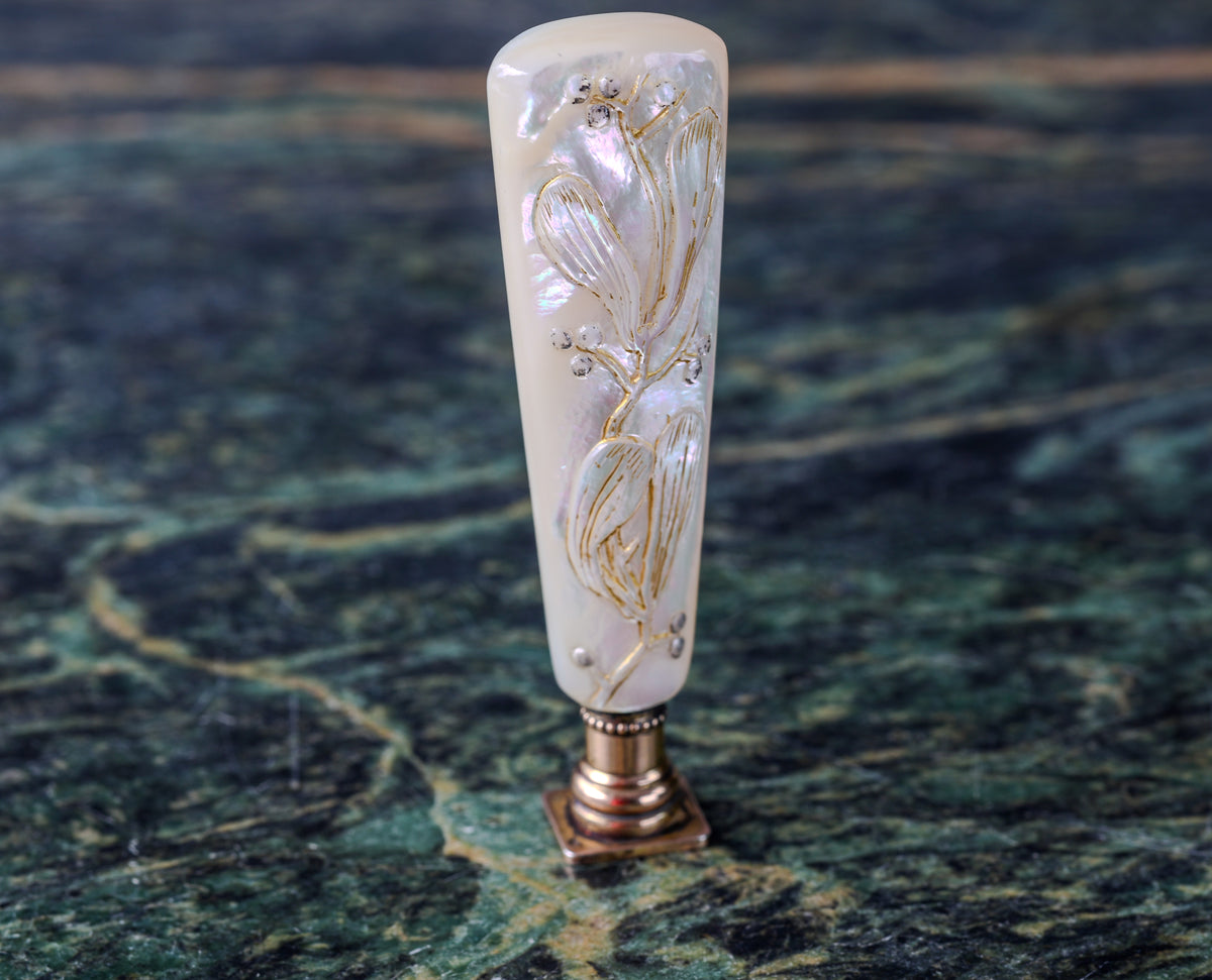 Antique Mother-of-Pearl Wax Seal with Hand-Carved Botanical Decoration | Circa Late 19th Century