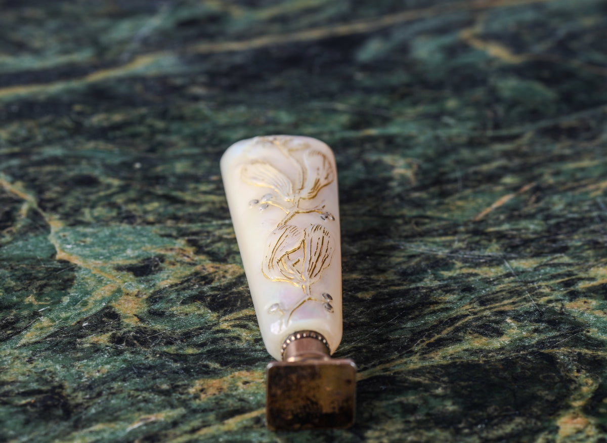 Antique Mother-of-Pearl Wax Seal with Hand-Carved Botanical Decoration | Circa Late 19th Century