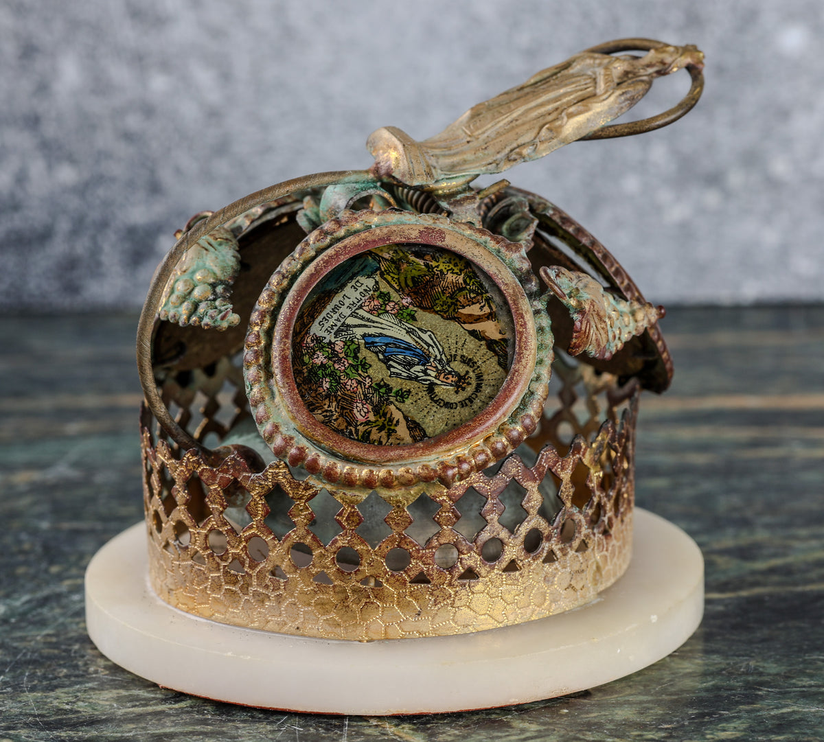 Antique French Religious Souvenir Bell | Gilt Lattice, Picture Medallions, Alabaster Base