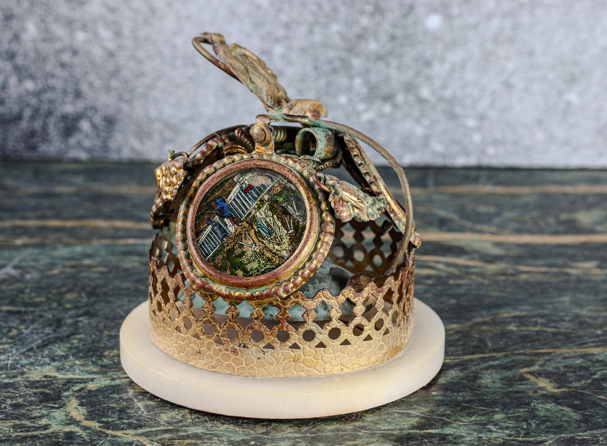 Antique French Religious Souvenir Bell | Gilt Lattice, Picture Medallions, Alabaster Base