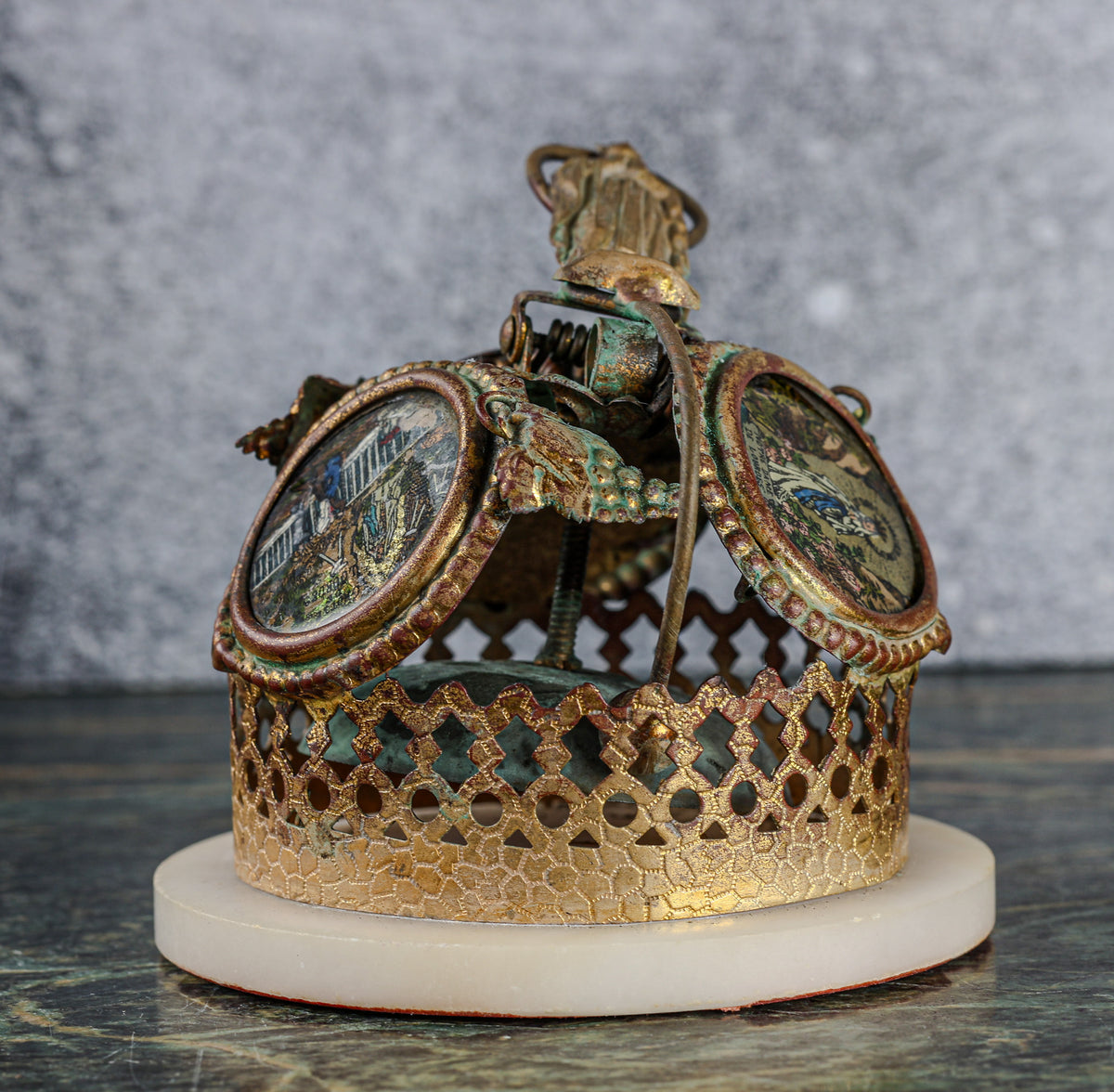 Antique French Religious Souvenir Bell | Gilt Lattice, Picture Medallions, Alabaster Base