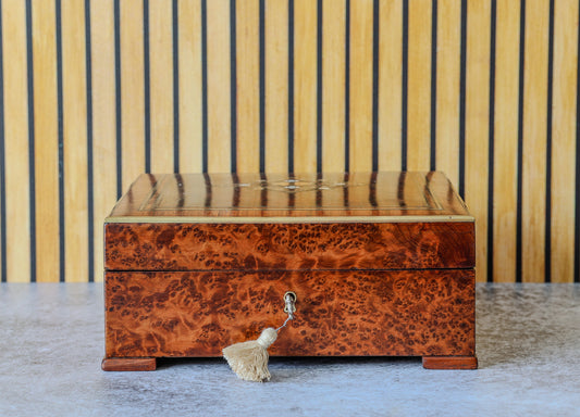 Antique French Thuya Burl Jewelry Box with Brass Stringing, Bracket Feet and Monogrammed Linen Lining, c. 1860–1900