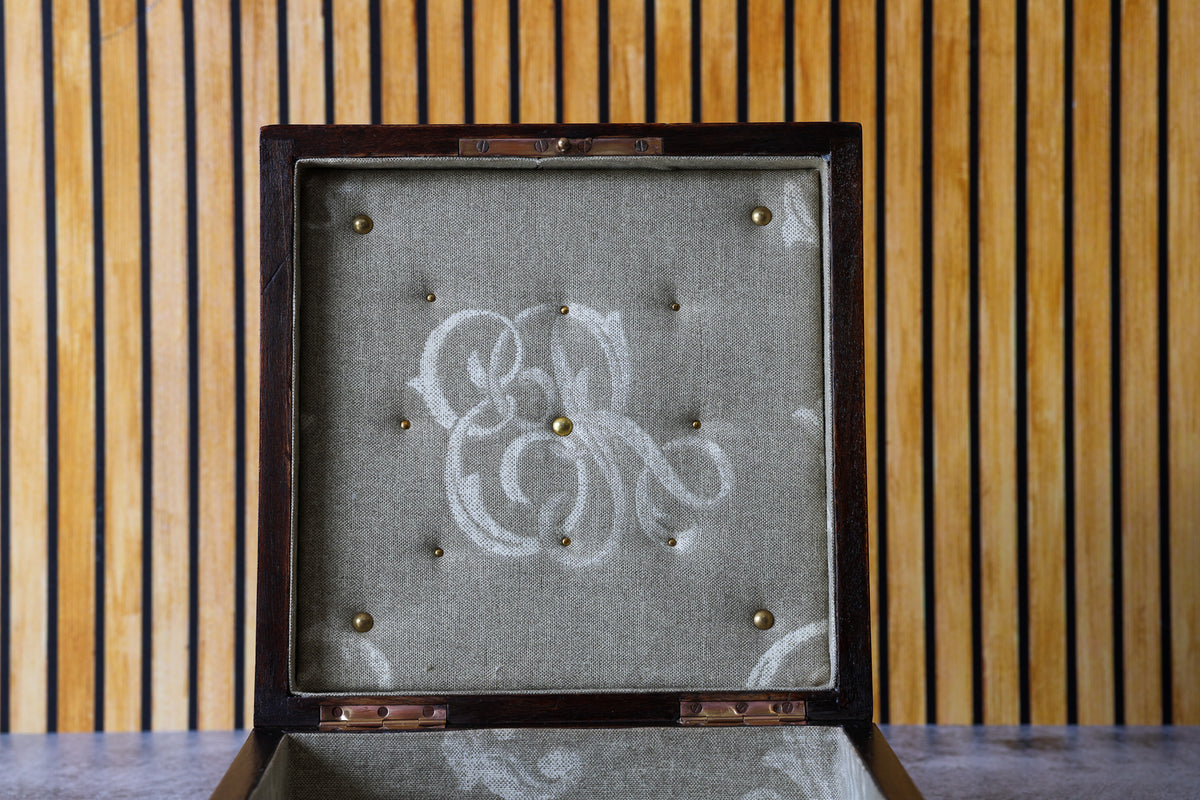 Antique French Thuya Burl Jewelry Box with Brass Stringing, Bracket Feet and Monogrammed Linen Lining, c. 1860–1900