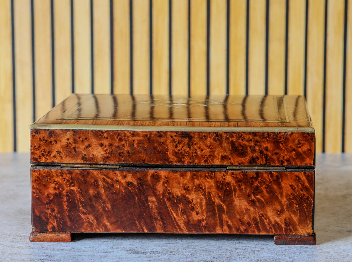 Antique French Thuya Burl Jewelry Box with Brass Stringing, Bracket Feet and Monogrammed Linen Lining, c. 1860–1900