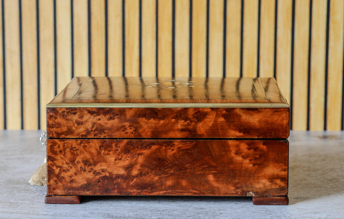 Antique French Thuya Burl Jewelry Box with Brass Stringing, Bracket Feet and Monogrammed Linen Lining, c. 1860–1900