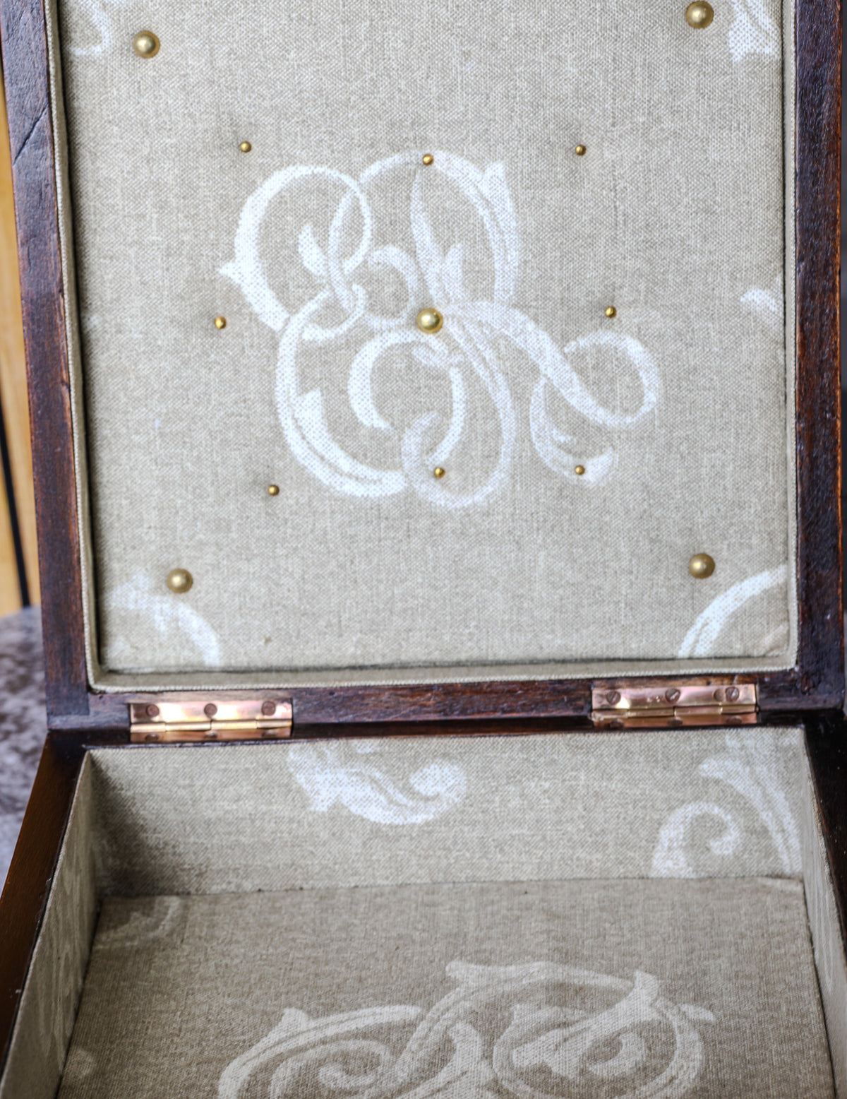Antique French Thuya Burl Jewelry Box with Brass Stringing, Bracket Feet and Monogrammed Linen Lining, c. 1860–1900