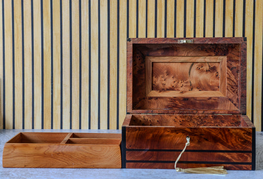Antique French Thuya Burl Box with Ebonized Banding and Lift-Out Tray, Napoleon III, c. 1860–1880