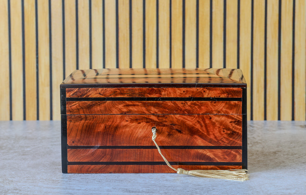 Antique French Thuya Burl Box with Ebonized Banding and Lift-Out Tray, Napoleon III, c. 1860–1880