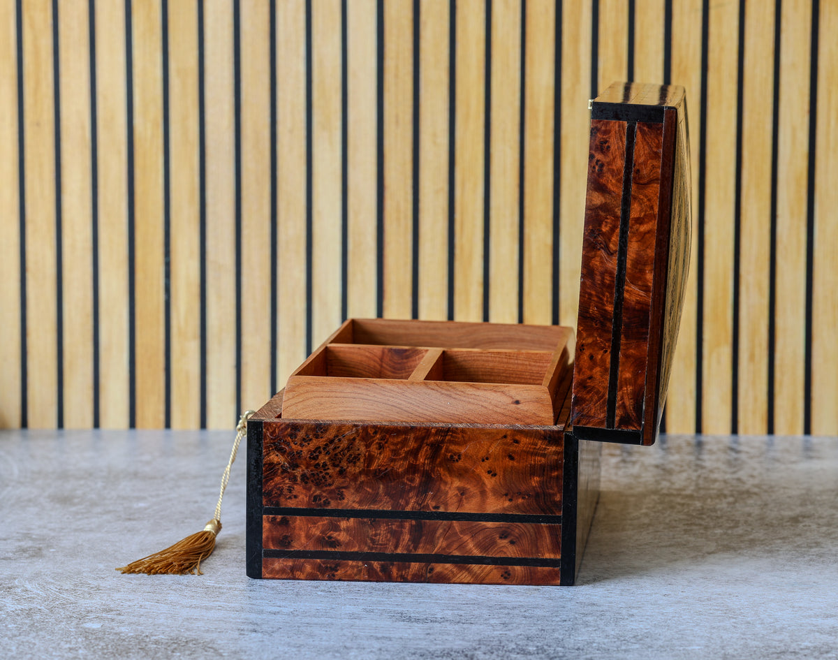 Antique French Thuya Burl Box with Ebonized Banding and Lift-Out Tray, Napoleon III, c. 1860–1880
