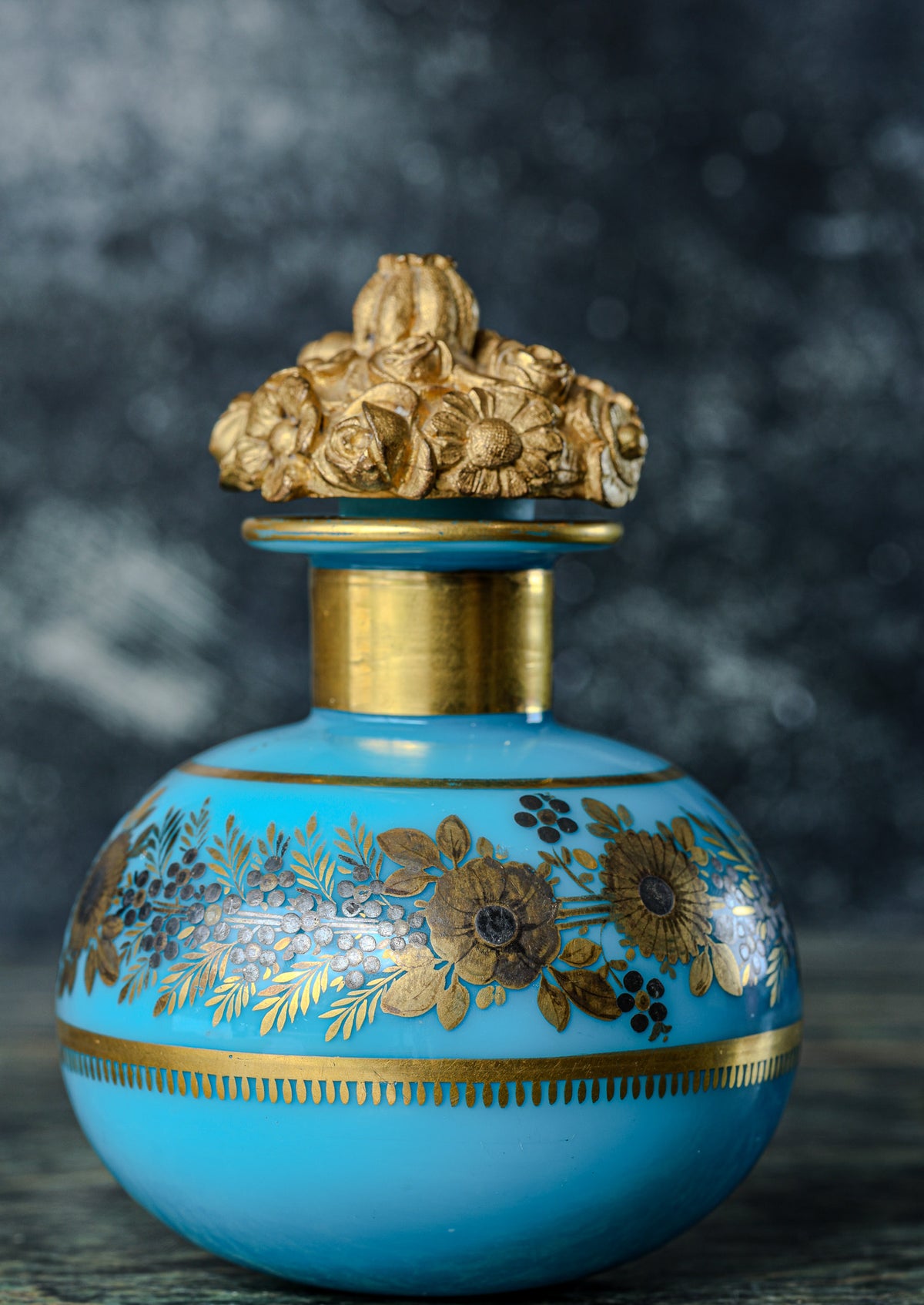 French Turquoise Blue Opaline Scent Bottle with Gilt Floral Decoration and Gilt Bronze Bouquet Stopper | In the Manner of Jean-Baptiste Desvignes, Paris, Circa 1820–1826