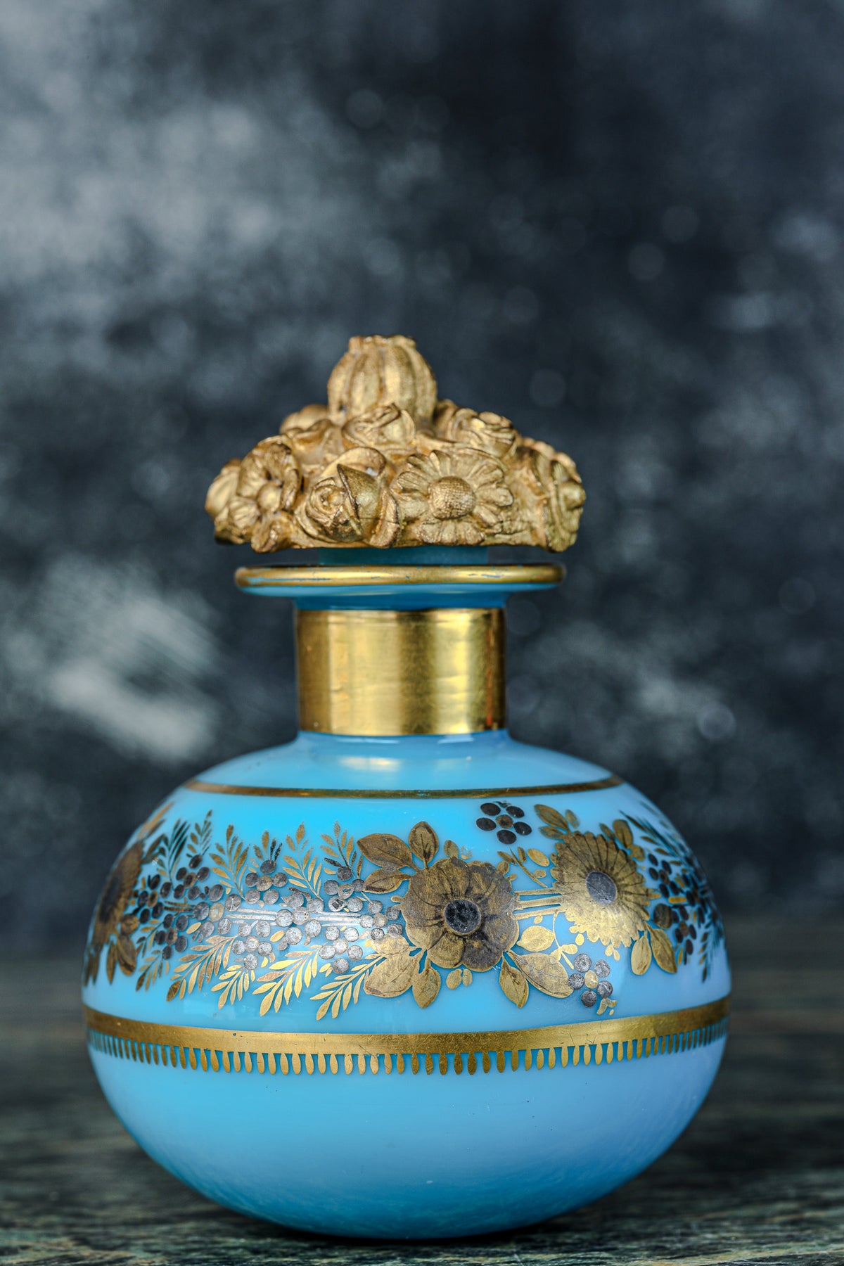 French Turquoise Blue Opaline Scent Bottle with Gilt Floral Decoration and Gilt Bronze Bouquet Stopper | In the Manner of Jean-Baptiste Desvignes, Paris, Circa 1820–1826